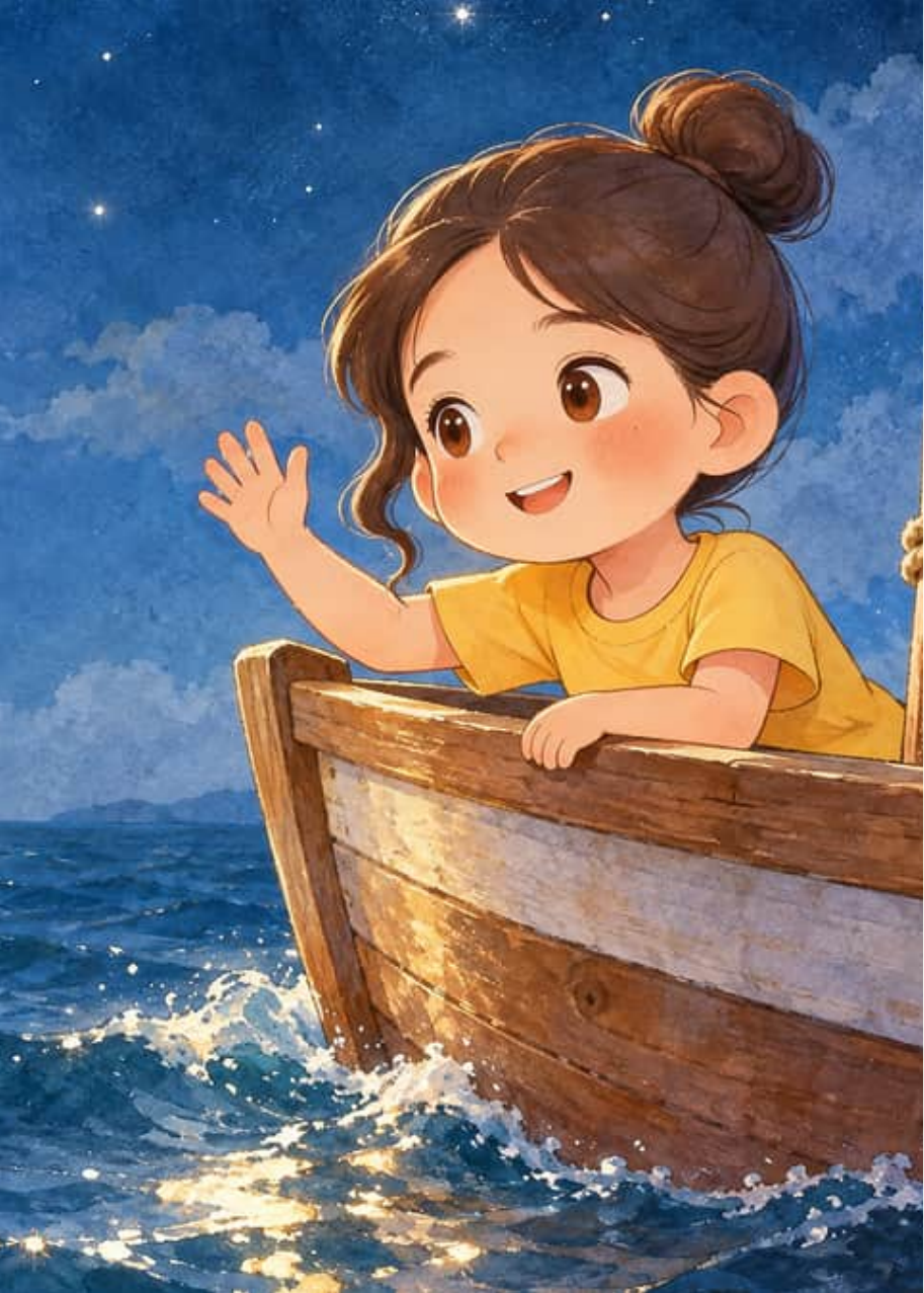 Valentina leans over the side of her boat and waves goodnight to the sparkling waves.