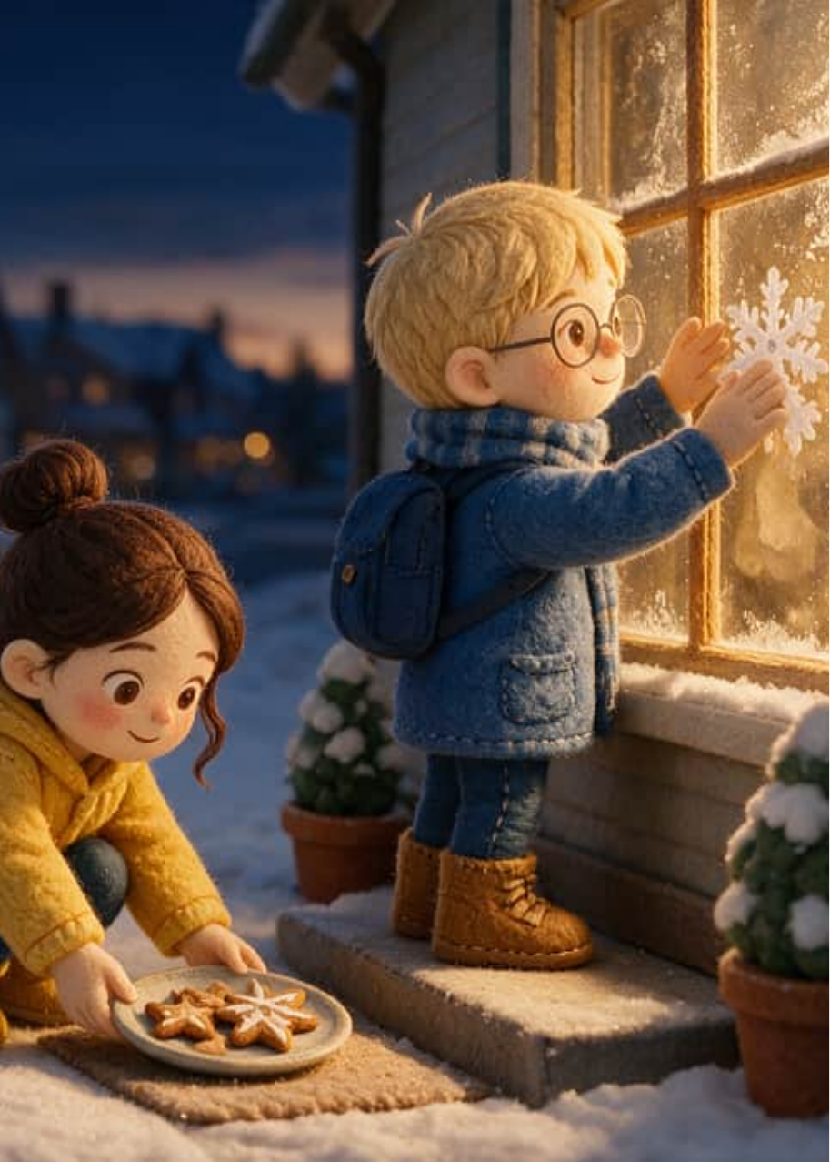 De noche y con nieve, Iván pega un copo de papel en la ventana de la señora Wren mientras Valentina deja el plato de galletas junto a la puerta.
