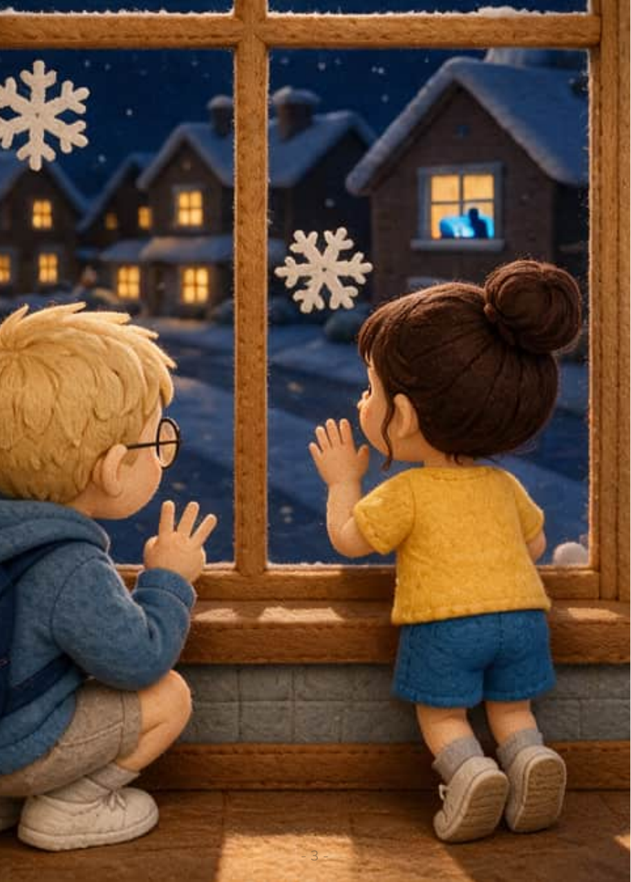 Iván y Valentina miran por la ventana, al atardecer de Nochebuena, la calle nevada y la casa de la señora Wren.
