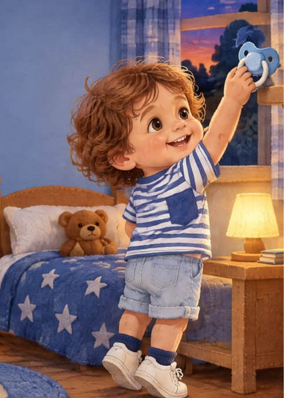 Hugo, a curly-haired toddler in a striped T-shirt, stands on tiptoe by his bedroom window and holds up his blue paci with a big grin.