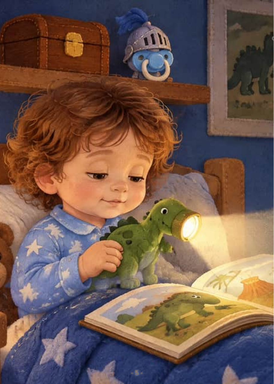 Hugo, tucked into bed, shines his green dino flashlight onto a picture book while his paci, now a tiny knight, watches from the shelf.