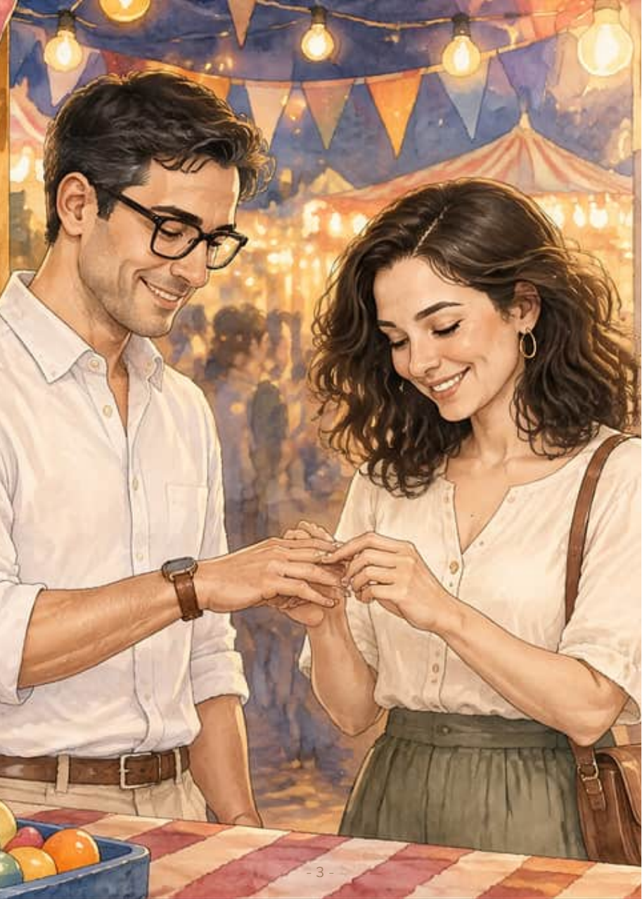 Marta, con veinticuatro años, le pone a Javier un anillo de lata en el meñique junto a la tómbola de las fiestas, bajo las bombillas