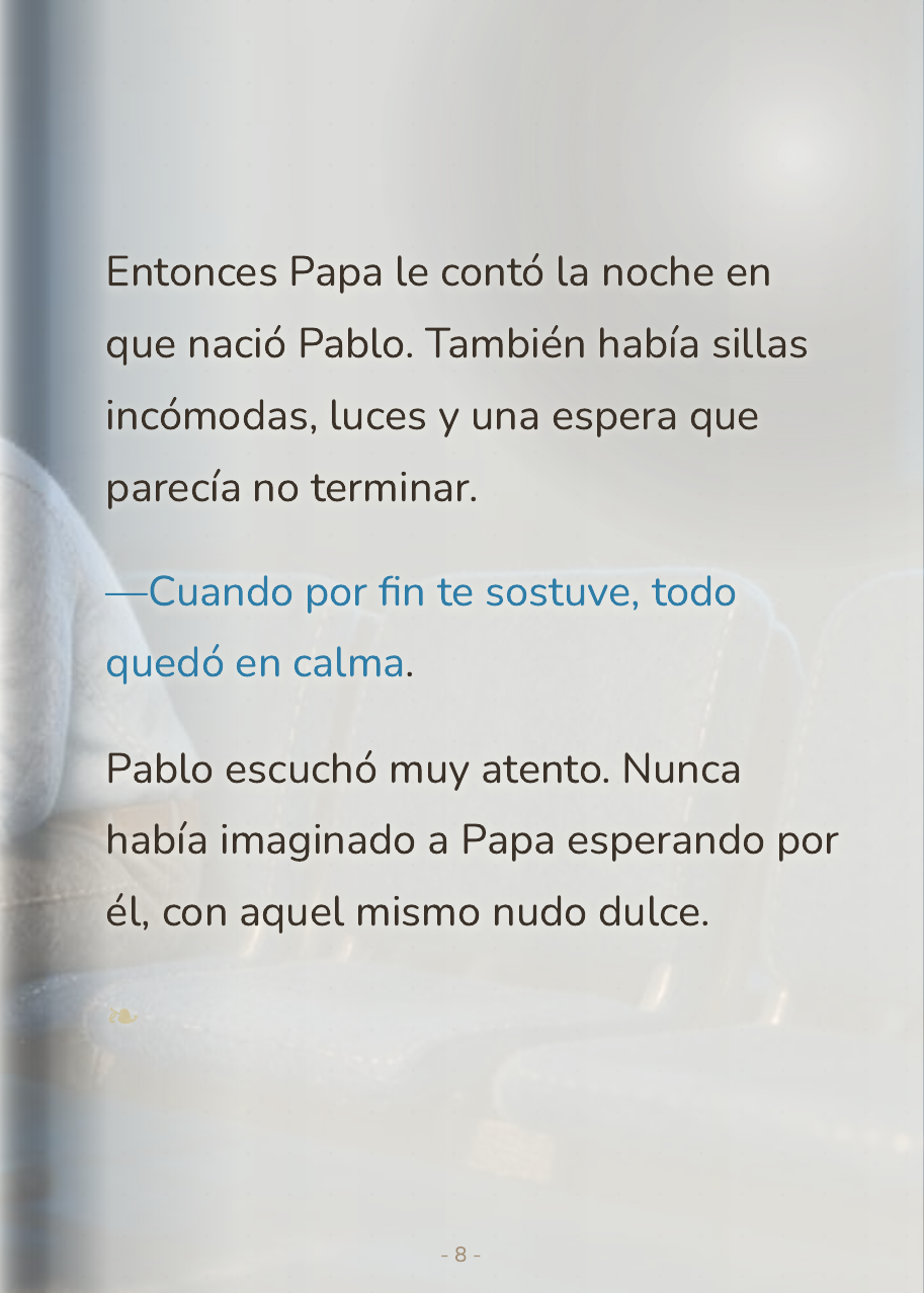 Pablo dormido apoyado en el hombro de su padre en las sillas del hospital