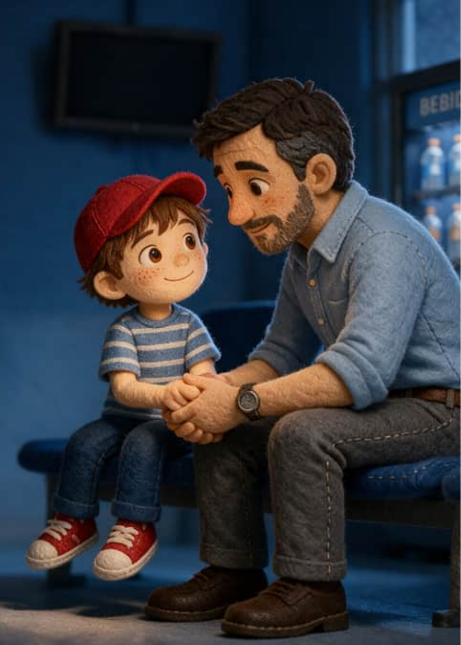 Pablo y su padre sentados en la sala de espera del hospital, imaginando cómo será la bebé