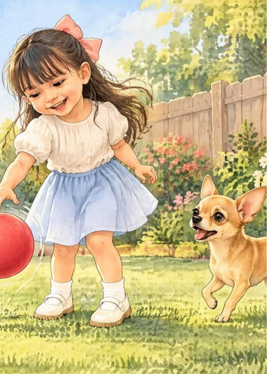 Olivia corre por el césped detrás de su pelota roja mientras Jerry, su perrito chihuahua, se acerca dando saltos