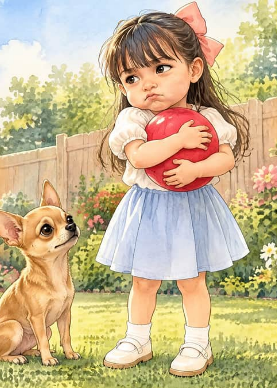 Olivia abraza su pelota roja con el ceño fruncido mientras Jerry la mira sentado en la hierba del jardín