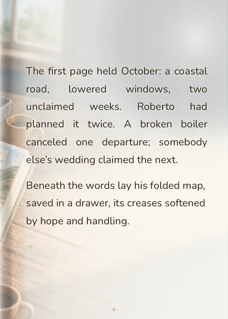 Roberto reading the page about the October trip, his folded road map lying open beside the book