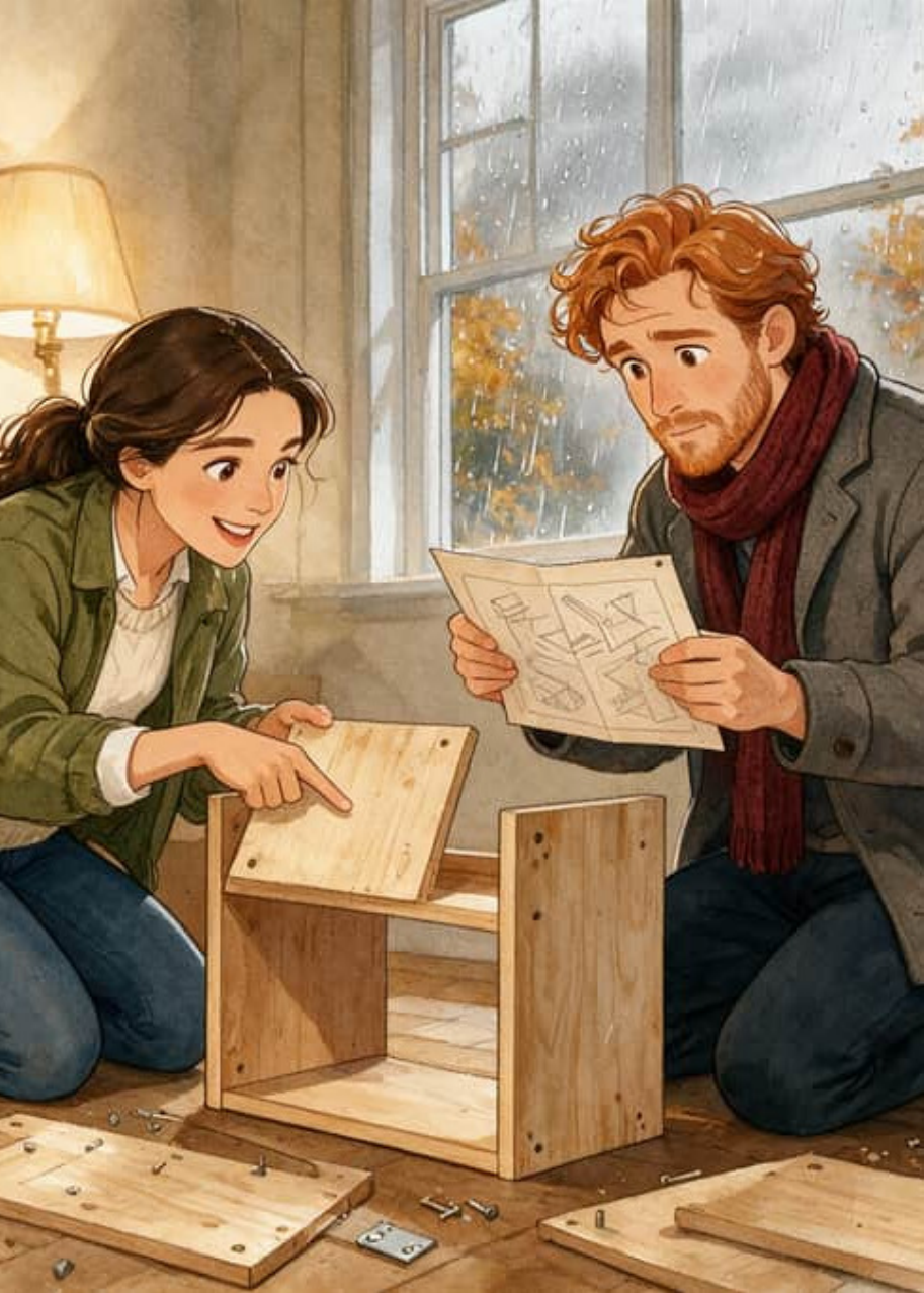 Maya and Oliver kneeling on opposite sides of a half-built flat-pack bookshelf, surrounded by panels and loose screws