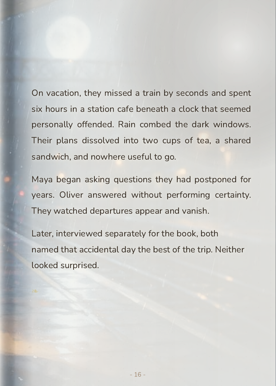 Maya and Oliver sitting with two cups of tea in a station cafe at night while rain runs down the dark windows