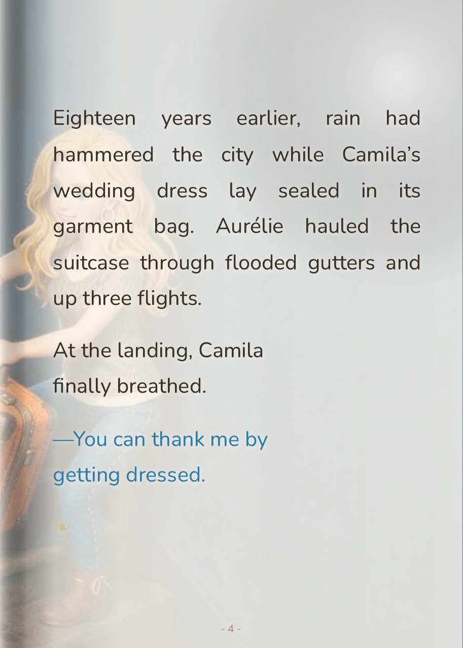 Aurelie hauls the orange suitcase holding Camila's wedding dress through a flooded street in the rain