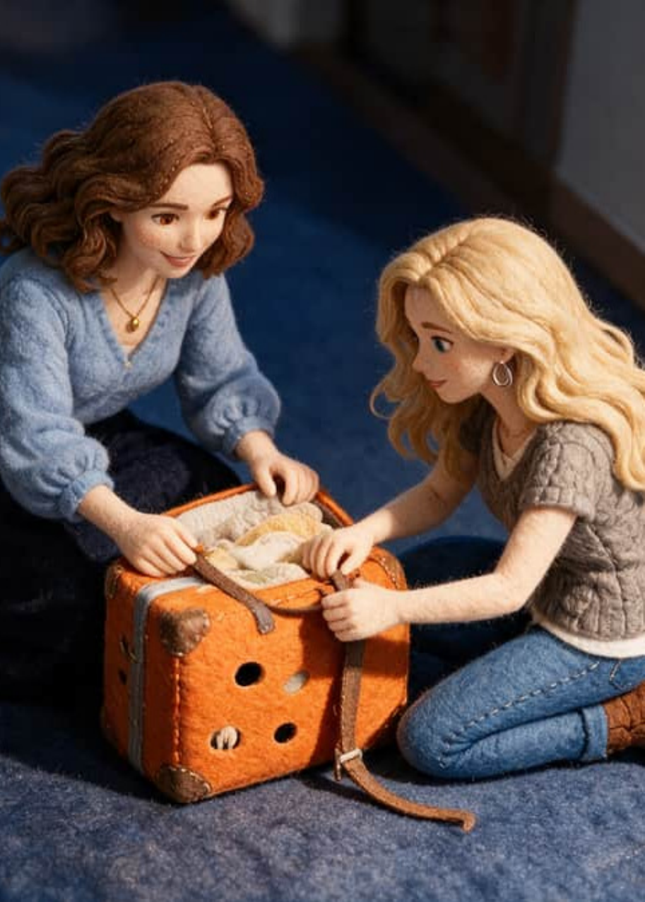 Camila and Aurelie carry a rescue cat across the city inside the orange suitcase with punched air holes