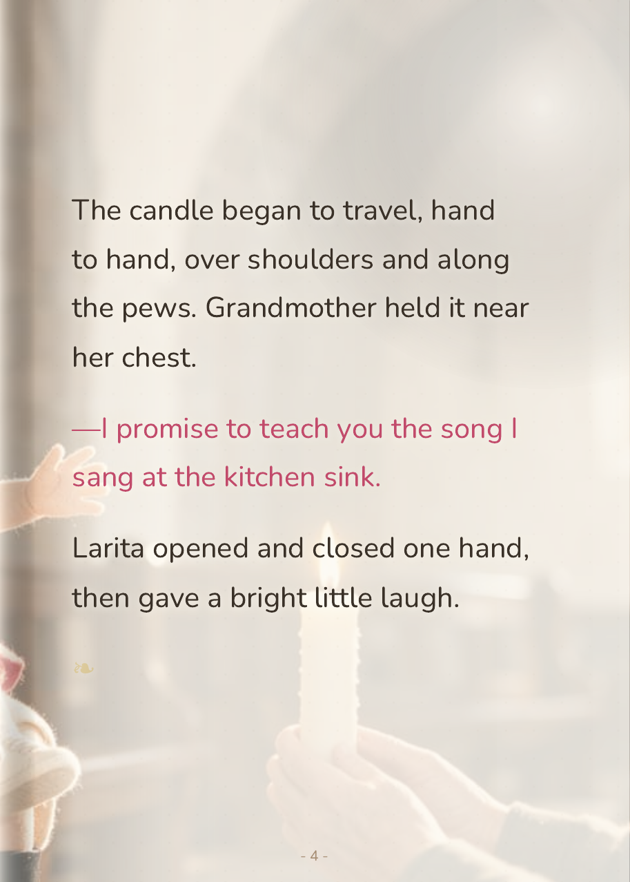 Larita watches from Sophie's arms as her uncle holds the lit candle and promises to teach her to whistle