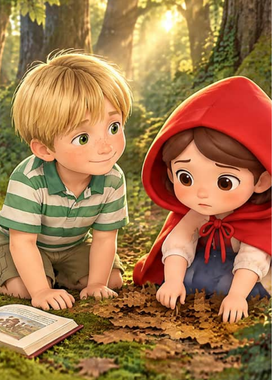 Leo y Caperucita Roja, de rodillas entre las hojas del bosque, buscan la cesta perdida junto a un libro abierto