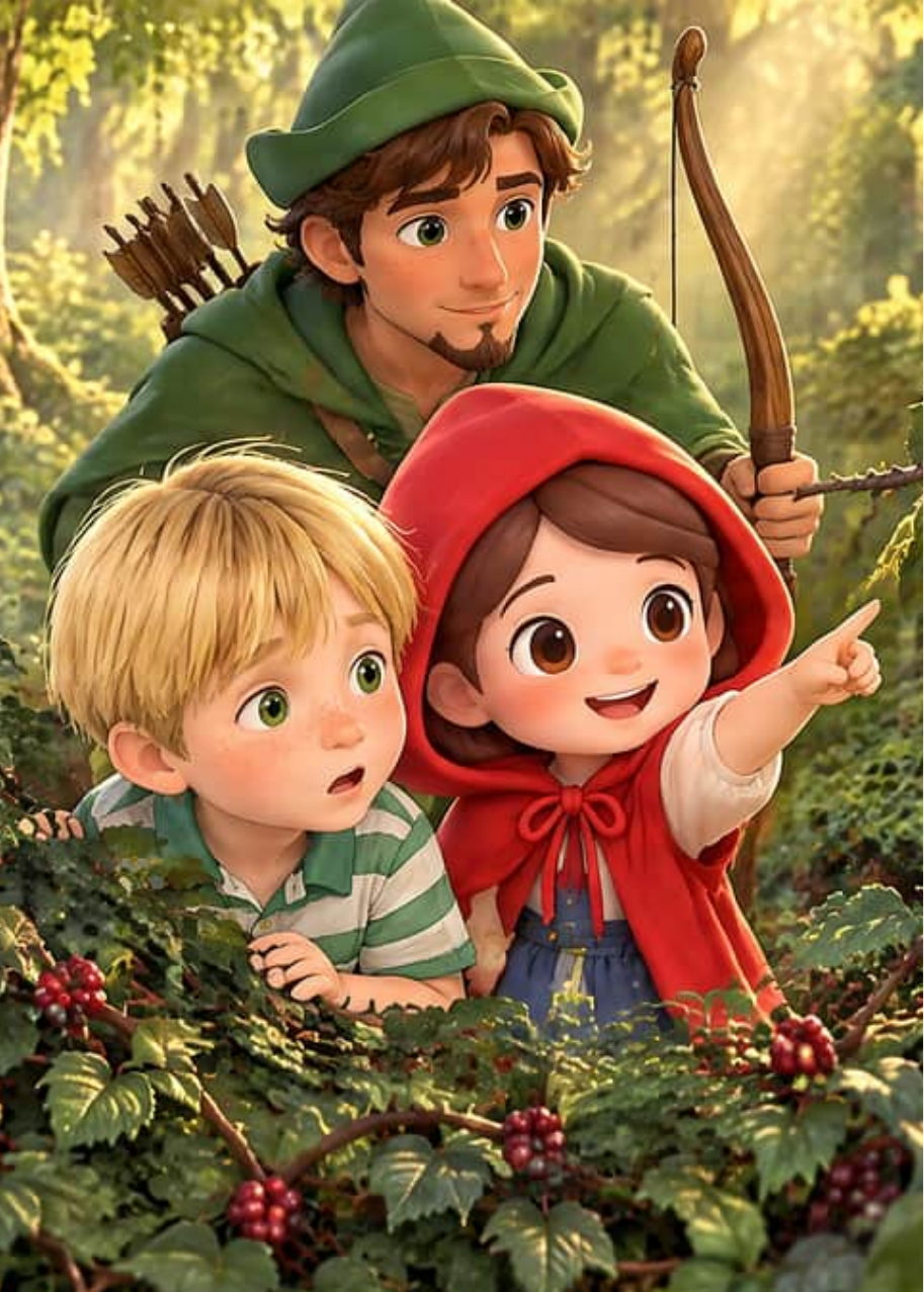 Leo, Caperucita Roja y Robin Hood se asoman entre las zarzas y Caperucita señala una cinta roja colgada de una rama