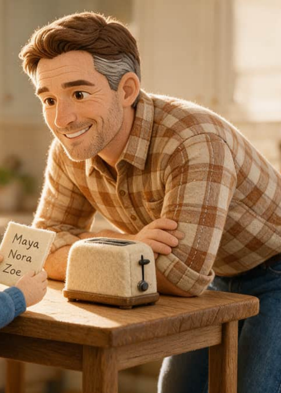 Ivan says the three baby names out loud to the goldfish bowl while testing which one sounds right