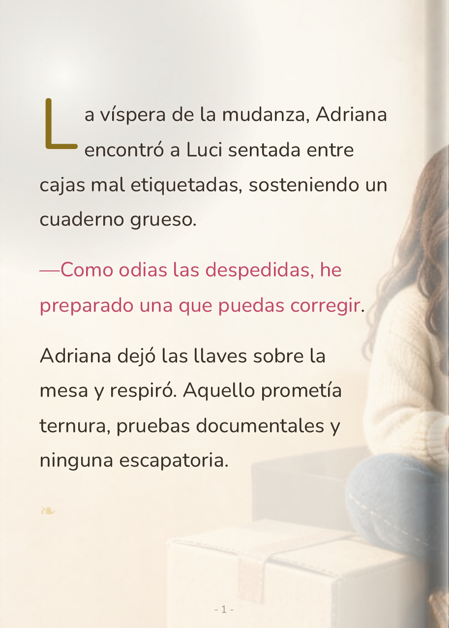 Luci, sentada en el suelo entre cajas de mudanza, sostiene un cuaderno grueso mientras Adriana la observa al llegar.