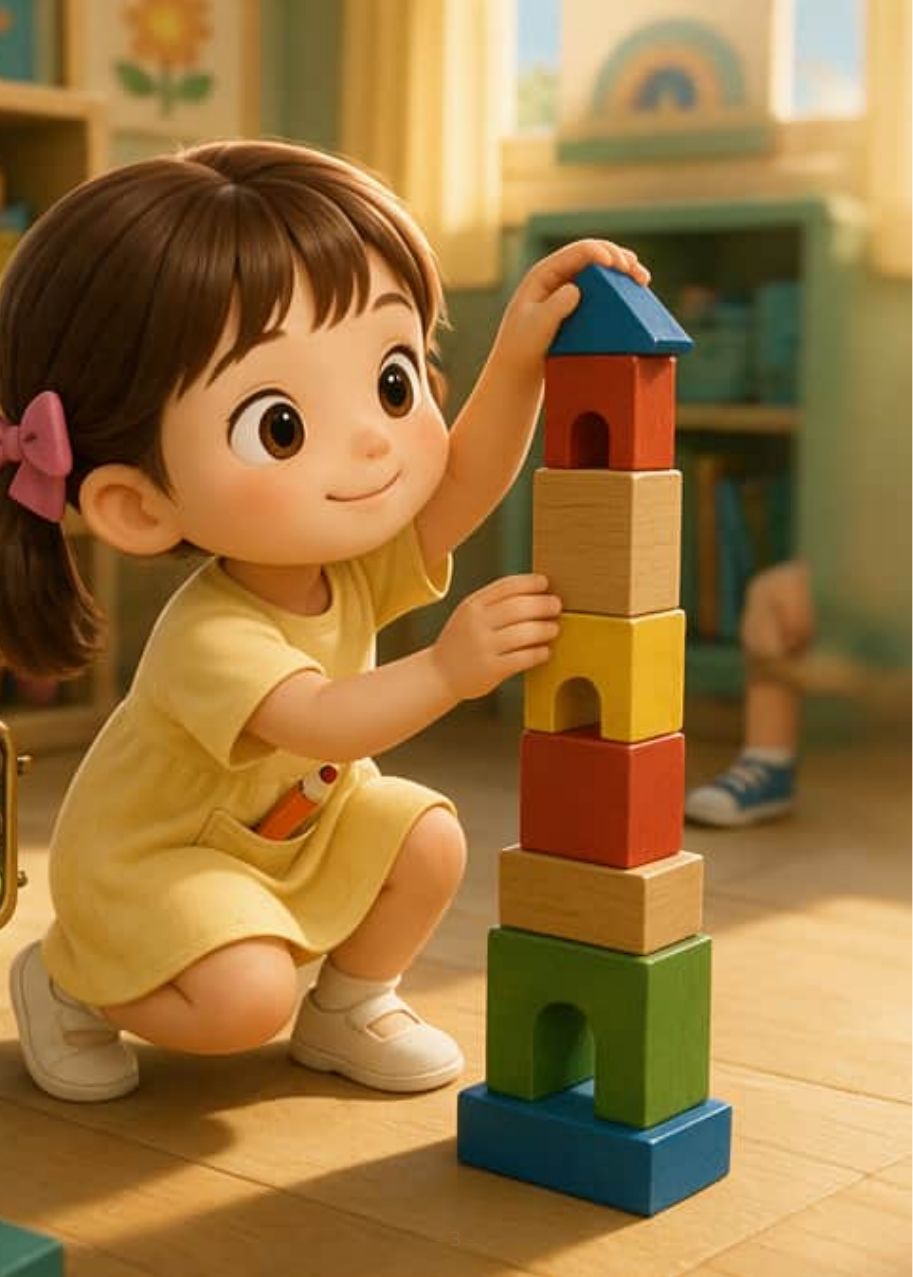Noa, a six-year-old girl in a yellow dress with pigtails and bows, carefully placing the last block on a tall colorful tower in her classroom