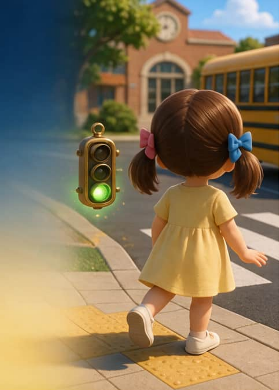 Noa standing at the school crosswalk with the tiny floating traffic light glowing green beside her while a yellow school bus waits