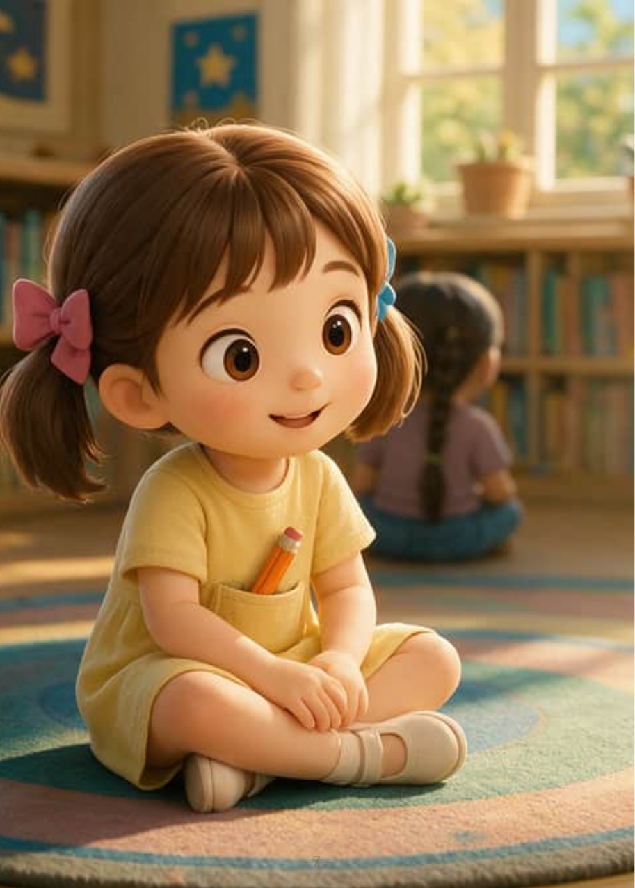 Noa sitting cross-legged on the library rug with a pencil in her pocket, listening to story time with a classmate behind her