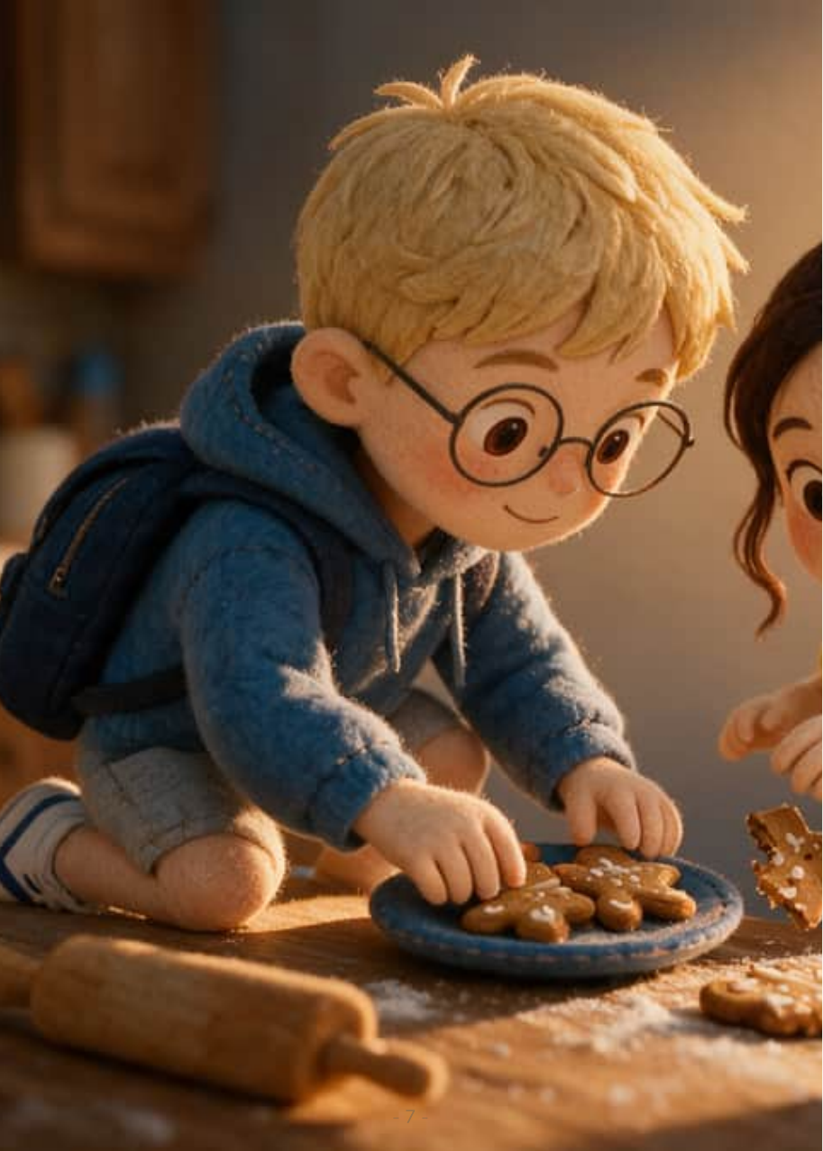 O Ivan põe as bolachas de gengibre no prato das ocasiões especiais, com a Valentina ao lado, na cozinha, na véspera de Natal.