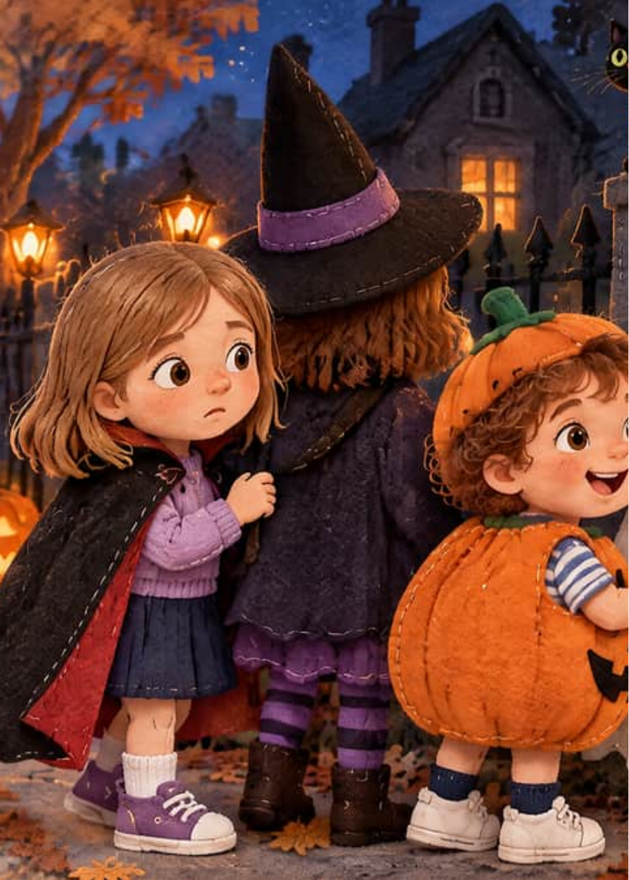 Lara disfrazada de vampira se esconde tras otros niños mientras Hugo, con su disfraz de calabaza, mira la casa número 13 en la noche de Halloween