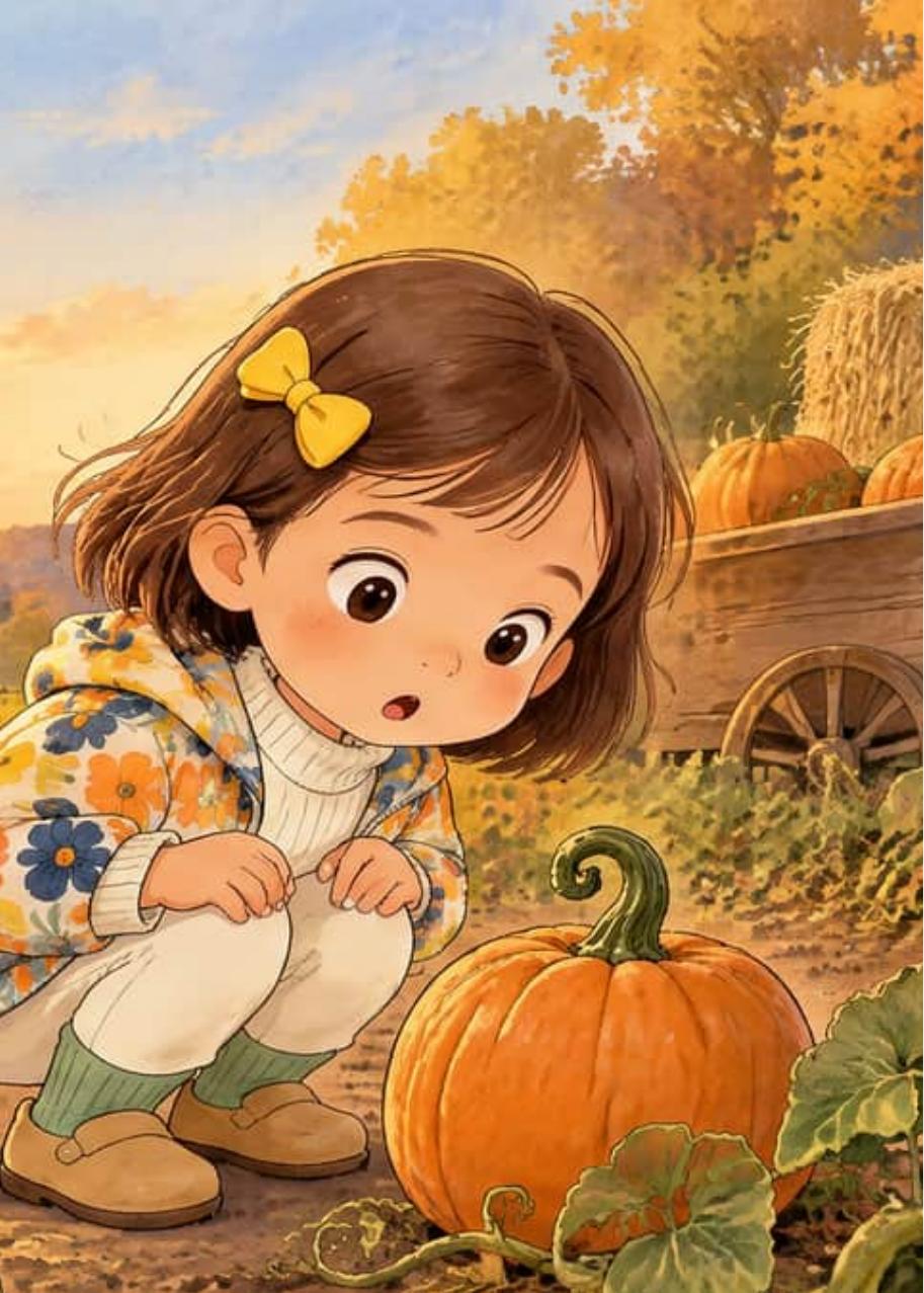 Daphnee, in a flowery jacket and a yellow hair bow, crouches in the pumpkin patch at sunset with wide eyes, next to a big orange pumpkin.
