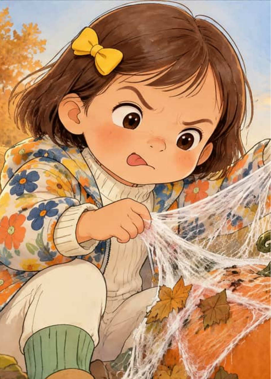 Daphnee scrunches up her face as she pulls a sticky spider web scarf off the pumpkin.