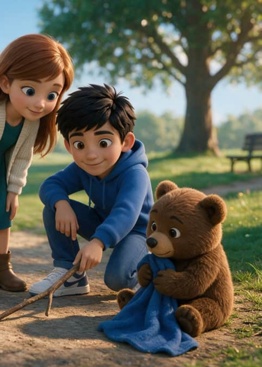 Lola y Paul se agachan junto a Barnaby, el osito que abraza su cobijita azul sentado en el césped del parque