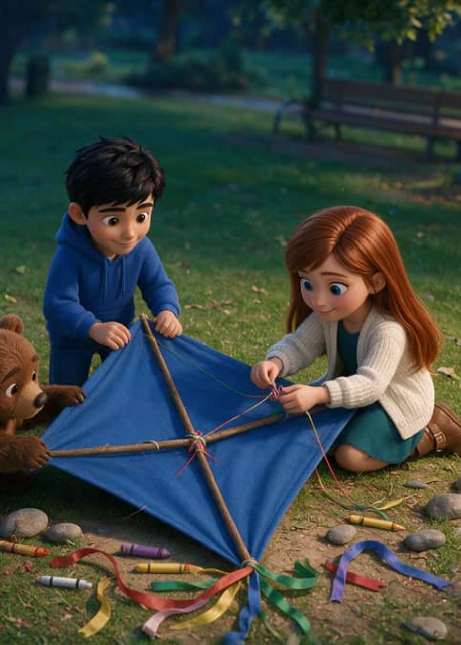 Barnaby, Lola y Paul extienden la cobijita azul sobre una cruz de palitos para construir la cometa
