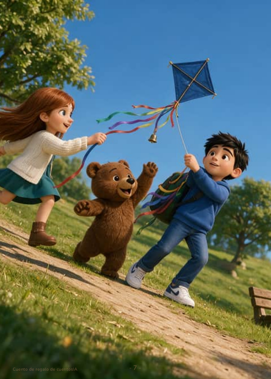 Lola, Paul y Barnaby corren cuesta abajo por el parque mientras la cometa azul remonta el viento