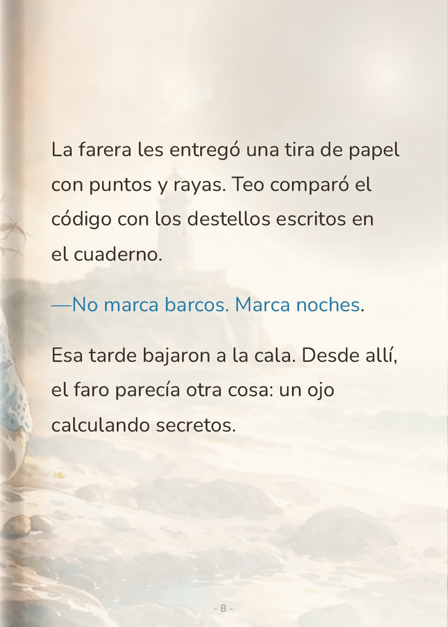 Sofi anota los destellos del faro mientras Teo descubre huellas en la arena de la cala