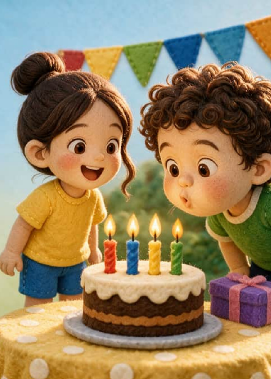 Mateo y Valentina sonríen junto a la tarta de cumpleaños con cuatro velas encendidas.