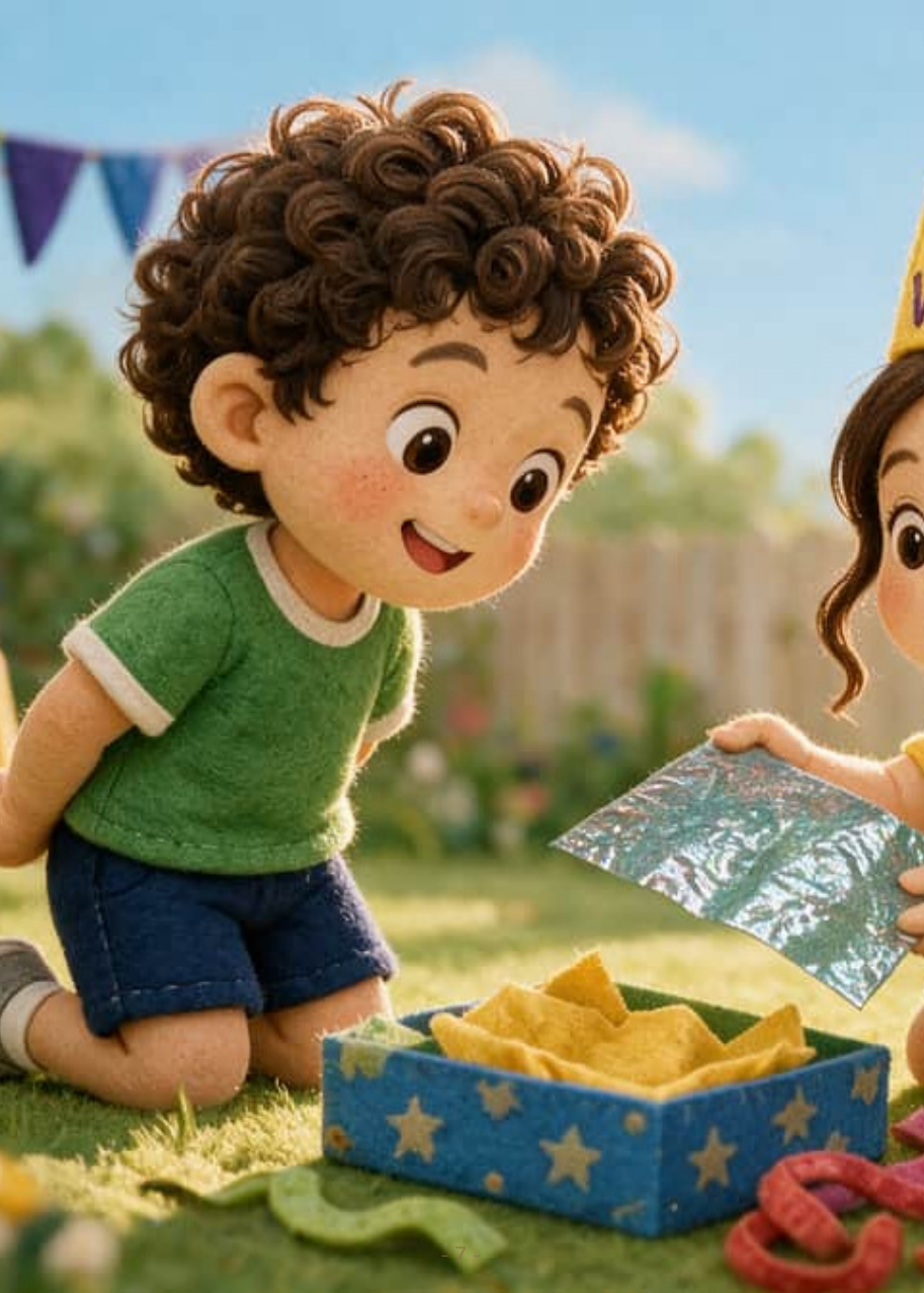 Valentina estrena su corona de papel mientras Mateo espera su turno con las manos a la espalda.
