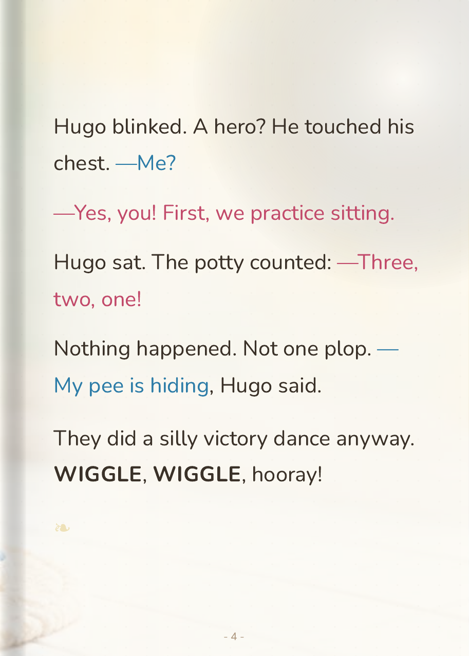 Hugo sits on the potty and giggles during a sitting drill while the Brave Little Potty counts down beside him