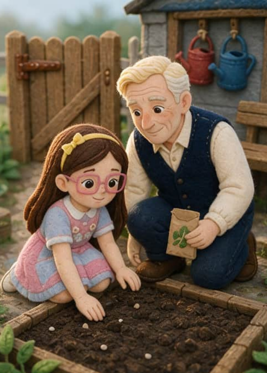 Belén carries a full watering can with both hands towards her corner of bare soil while Grandpa Julio watches from the path between the raised beds.