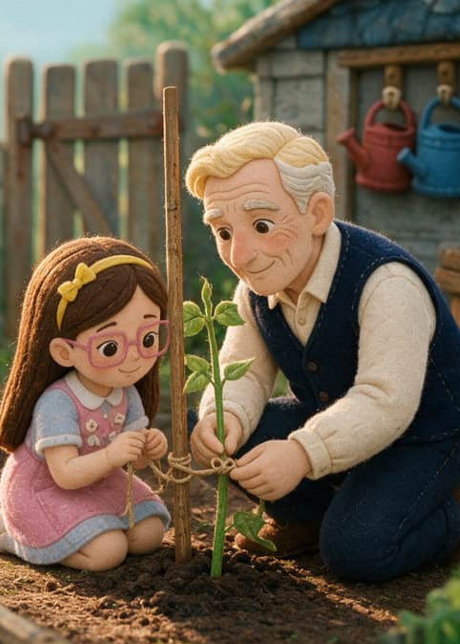 On a grey, windy morning Belén and Grandpa Julio push a cane deeper into the mud and tie the leaning bean stem with a strip of soft cloth.