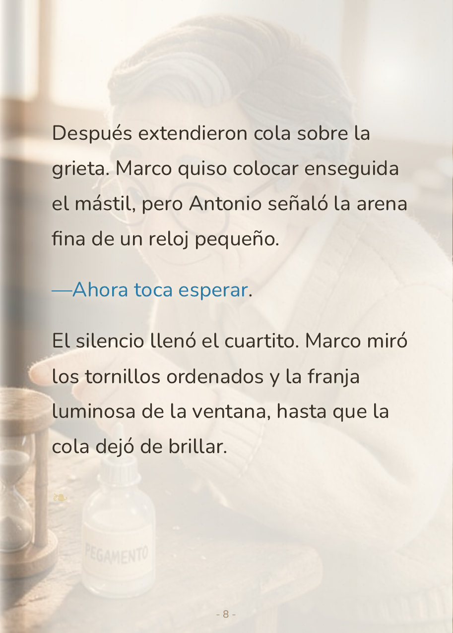 Marco observa con gesto tenso el mástil que le ha quedado torcido, sentado a la mesa del taller de su abuelo