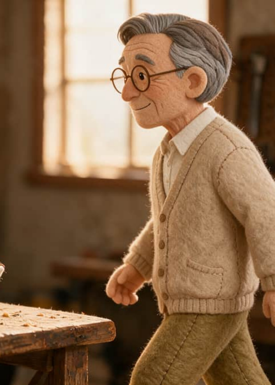 Antonio entrega un papel de lija a su nieto Marco junto a la maqueta del barco roto, sobre la mesa del taller