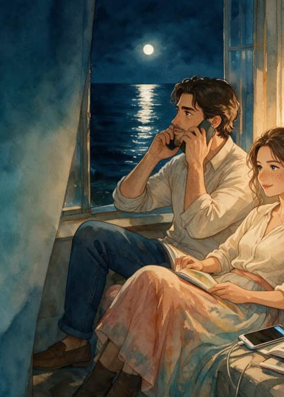 Marcos on a night call by an open window over the sea while Adriana reads in the same frame, during their year apart