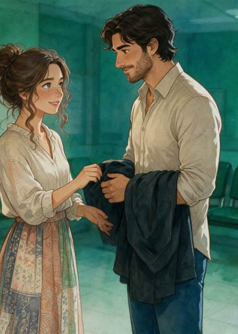 Marcos holds Adriana's coat in a green hospital waiting room while she stops pacing to look at him