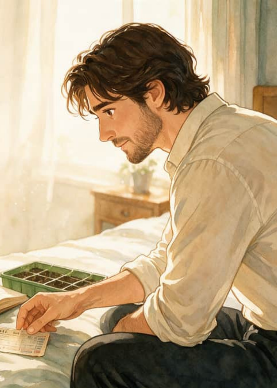 Marcos sits on the edge of the bed on his wedding morning, holding the faded train ticket beside a seed tray