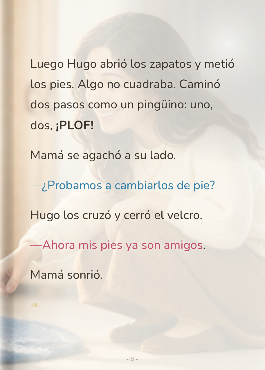 Hugo envuelto en su abrigo del revés, con la etiqueta rozándole la barbilla, mientras Mamá le enseña el truco