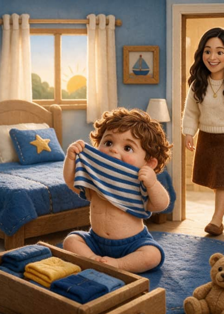 Hugo, de tres años, atrapado dentro de su camiseta mientras Mamá levanta el borde de la tela y le señala la salida