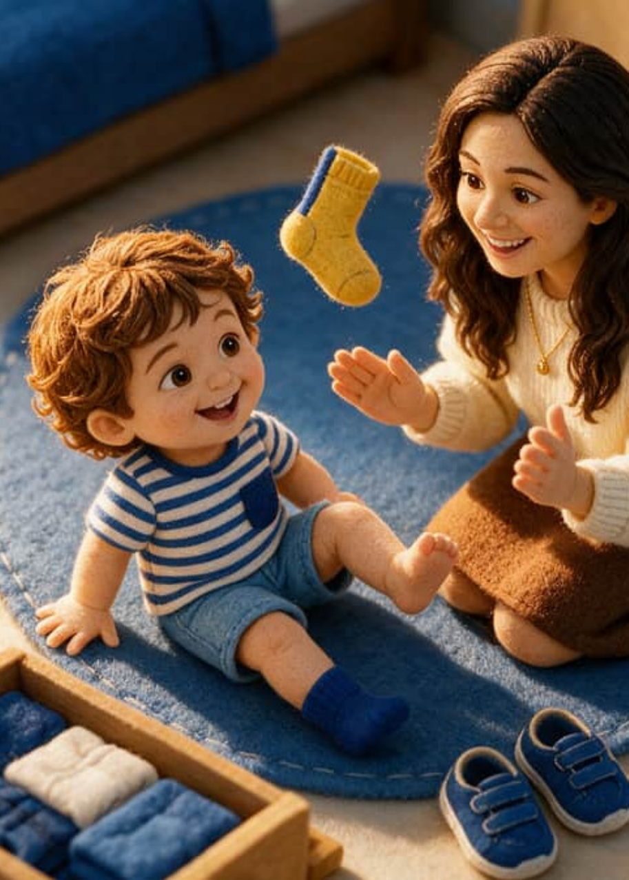 Hugo camina como un pingüino con los zapatos cambiados de pie mientras Mamá se agacha a su lado para ayudarle