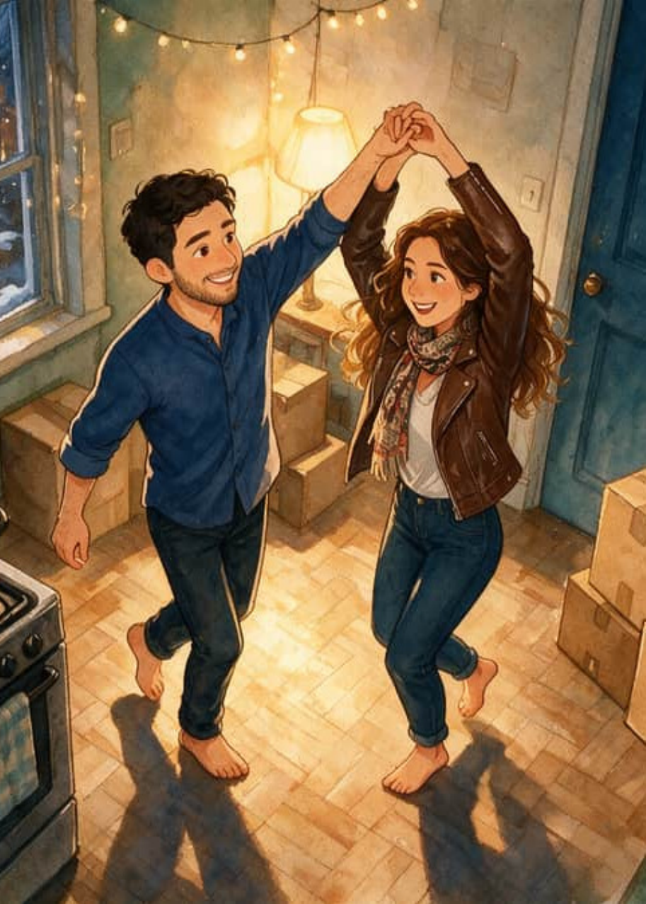 Elena dancing barefoot in the cramped kitchen while Amir joins her without asking why