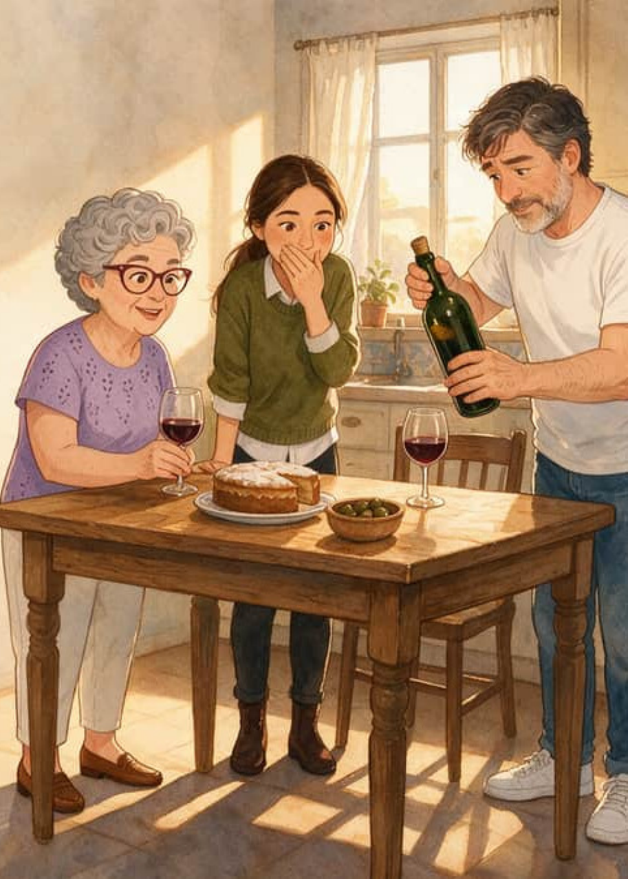 Paco descorcha la botella de vino junto a la tarta mientras Maya se tapa la boca y Maribel sostiene su copa