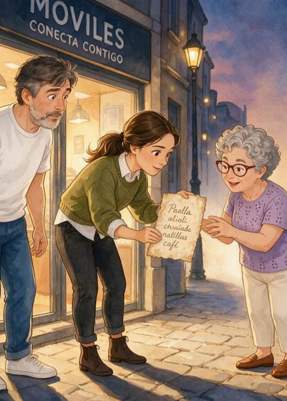 Maya enseña a Maribel la servilleta con el menú original frente a la tienda de móviles mientras Paco mira sorprendido