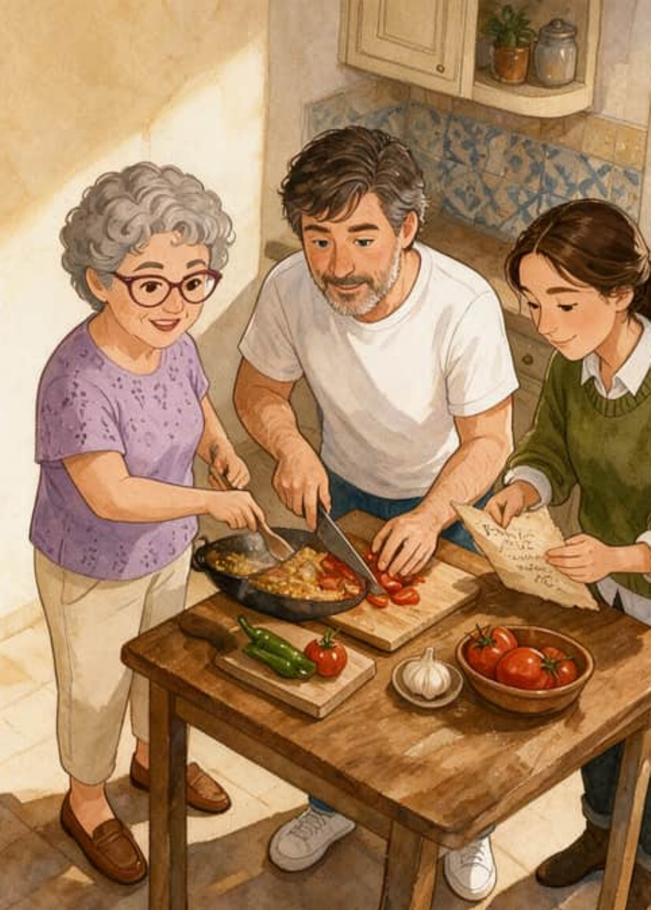 Maribel remueve el arroz en la sartén, Paco corta tomates y Maya lee la servilleta en la cocina de casa