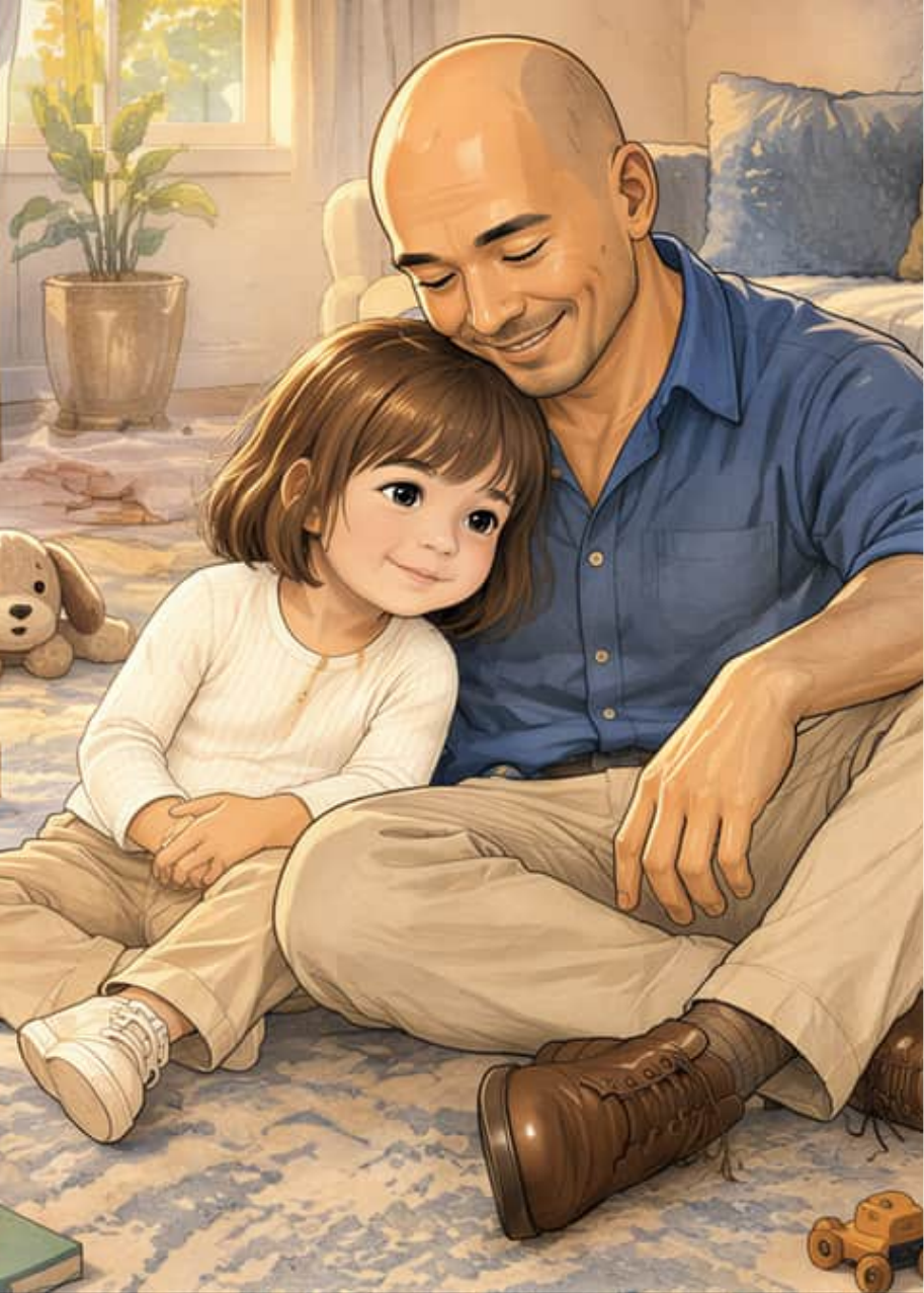 Carmen, sentada en la alfombra del salón, apoya la cabeza en el brazo de su papá Marcos, que la abraza sonriendo