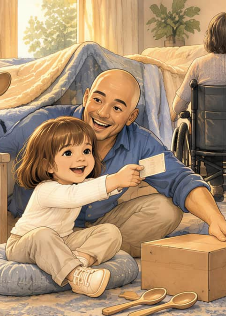 Carmen, sentada en un cojín junto a una caja de cartón y cucharas de madera, entrega un billete imaginario a su papá Marcos